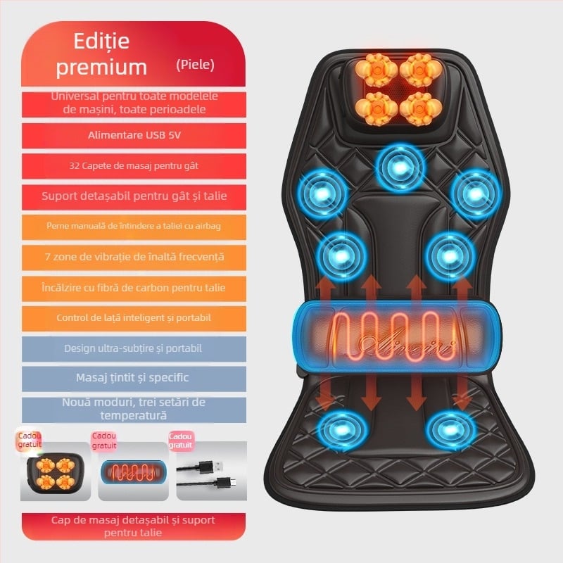 Masaj pentru gât și spate, pentru mașină și casă – masaj kneading, încălzire și vibrații, 6+ capete de masaj, 3 trepte de intensitate, control cablat