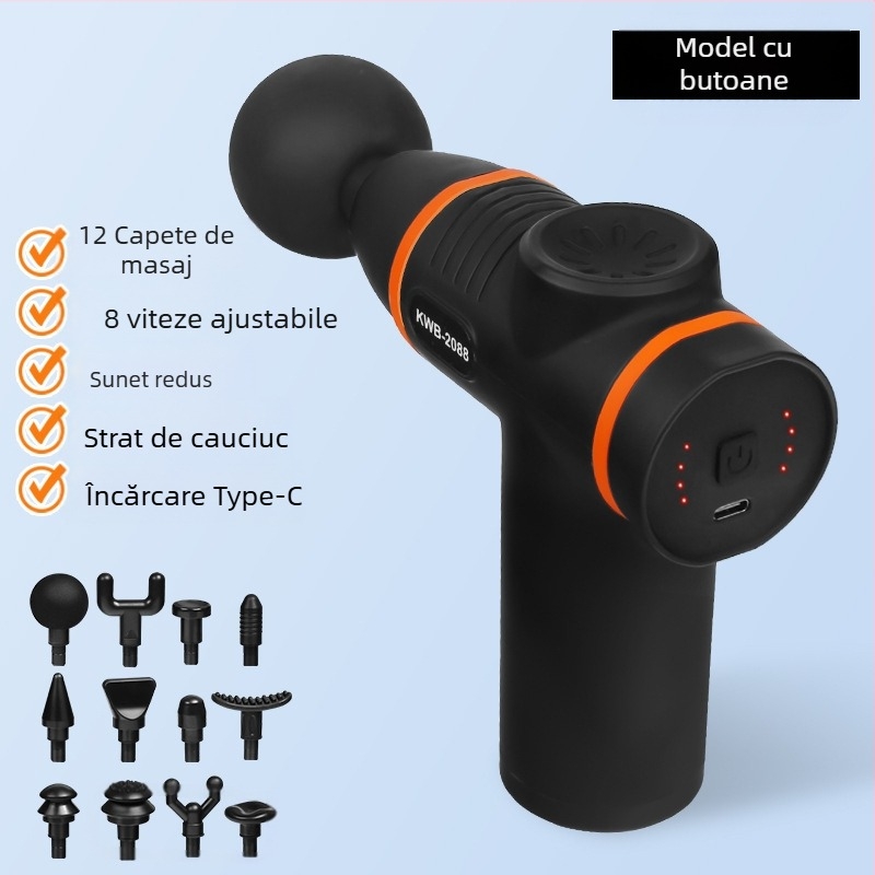 Masaj fascial cu 12 capete, LCD, 32 de viteze, baterie încorporată 800-1000 mAh, motor cu perii, zgomot redus