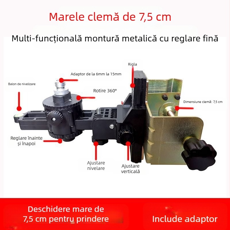 Accesoriu de nivel cu tijă telescopică – suport din fier, tavă pan/tilt din plastic, tijă reglabilă, funcționare pe bază de laser