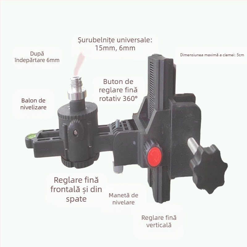 Accesoriu de nivel cu tijă telescopică – suport din fier, tavă pan/tilt din plastic, tijă reglabilă, funcționare pe bază de laser