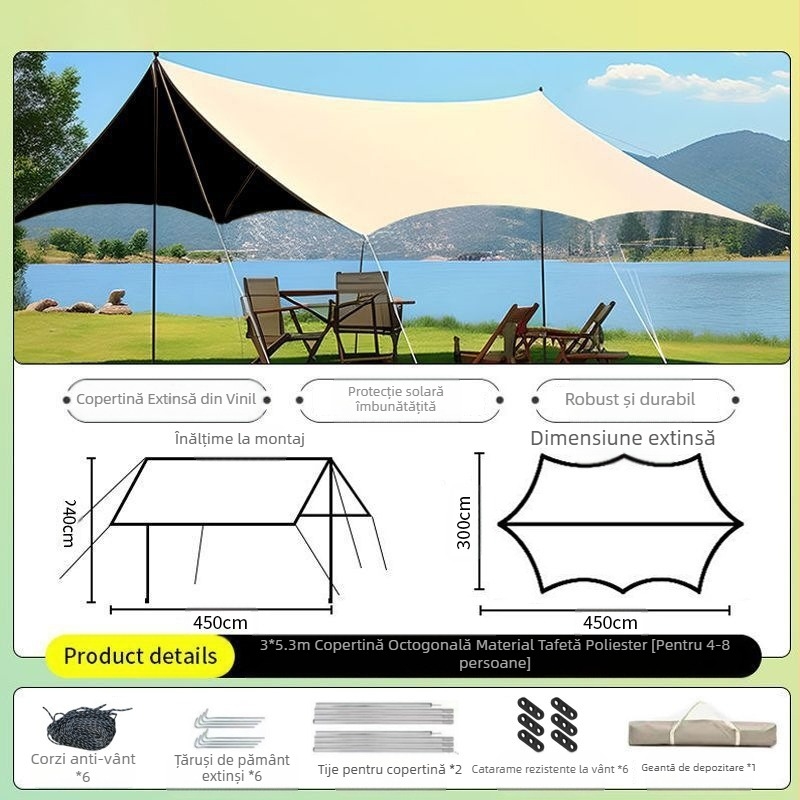 Cort din vinil, deschidere rapidă, all-in-one pentru camping, protecție solară, grătar și fierberea ceaiului, adăpost exterior portabil (4,5 × 2,4 m, 2–20 persoane)