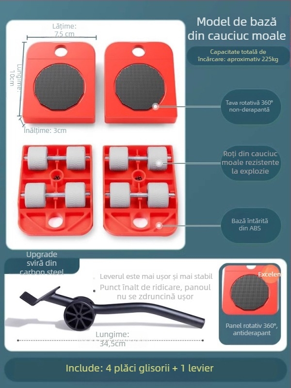 Bază universală mobilă cu roți pivotante pentru mutarea mobilierului greu și a frigiderelor