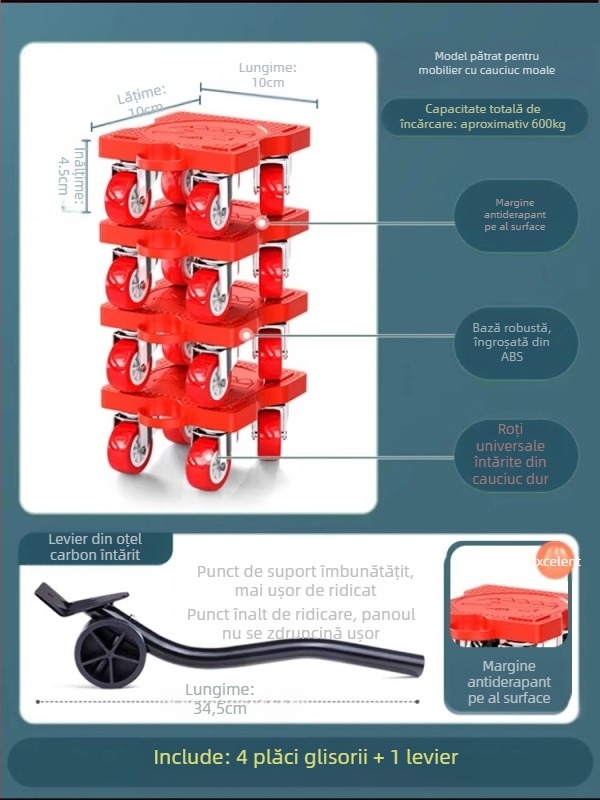 Bază universală mobilă cu roți pivotante pentru mutarea mobilierului greu și a frigiderelor