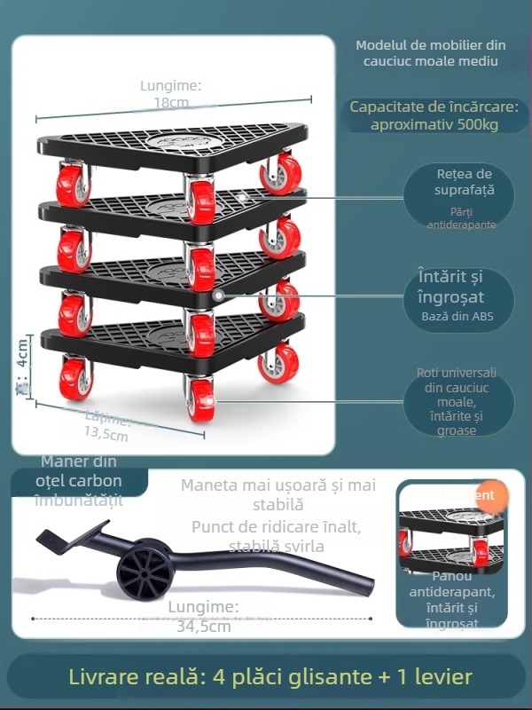 Bază universală mobilă cu roți pivotante pentru mutarea mobilierului greu și a frigiderelor