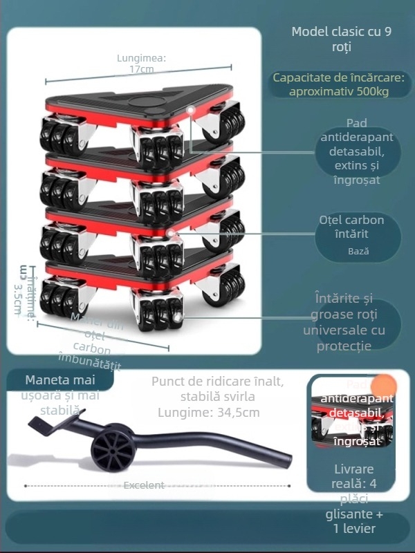Bază universală mobilă cu roți pivotante pentru mutarea mobilierului greu și a frigiderelor