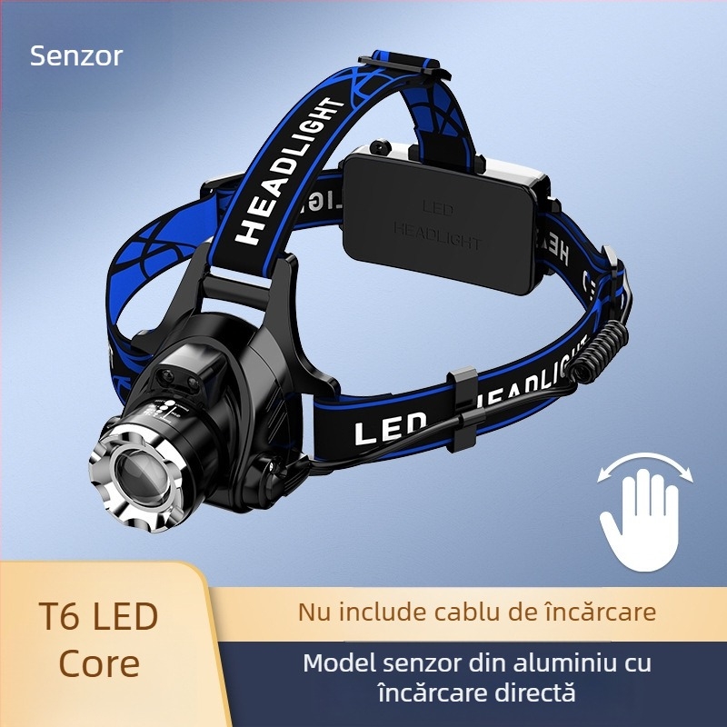 Lampa frontală LED cu zoom telescopic, model V9, încărcabilă, întrerupător cu senzor de inducție, impermeabilă