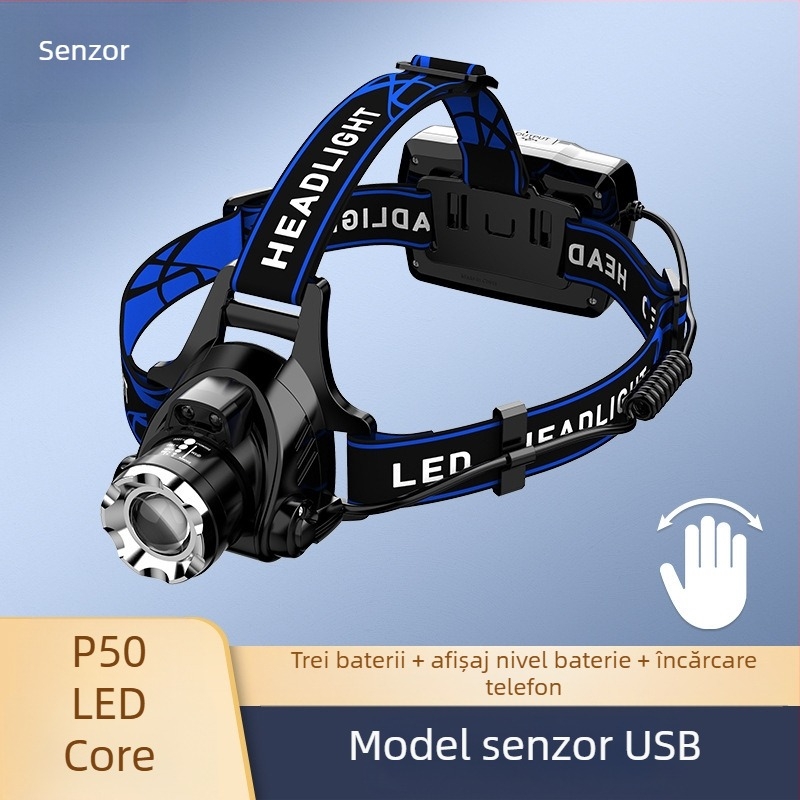 Lampa frontală LED cu zoom telescopic, model V9, încărcabilă, întrerupător cu senzor de inducție, impermeabilă
