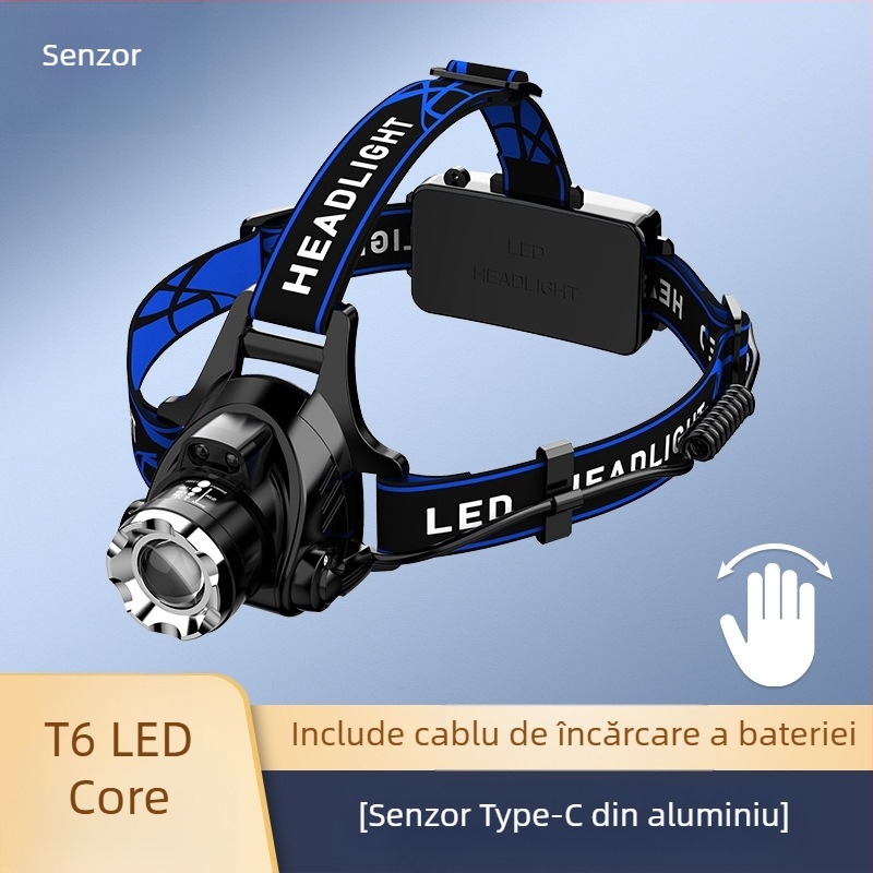 Lampa frontală LED cu zoom telescopic, model V9, încărcabilă, întrerupător cu senzor de inducție, impermeabilă