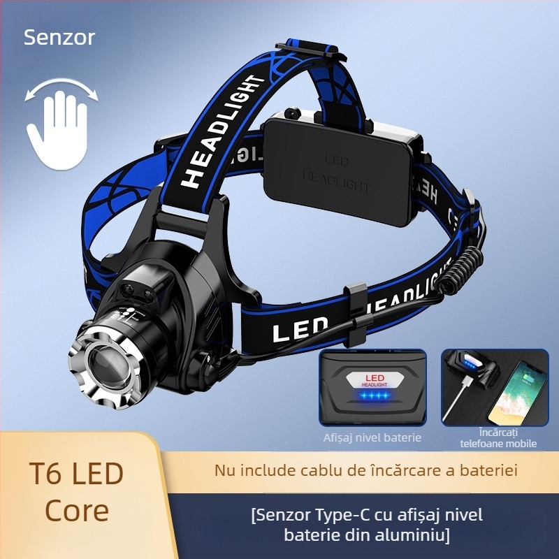 Lampa frontală LED cu zoom telescopic, model V9, încărcabilă, întrerupător cu senzor de inducție, impermeabilă