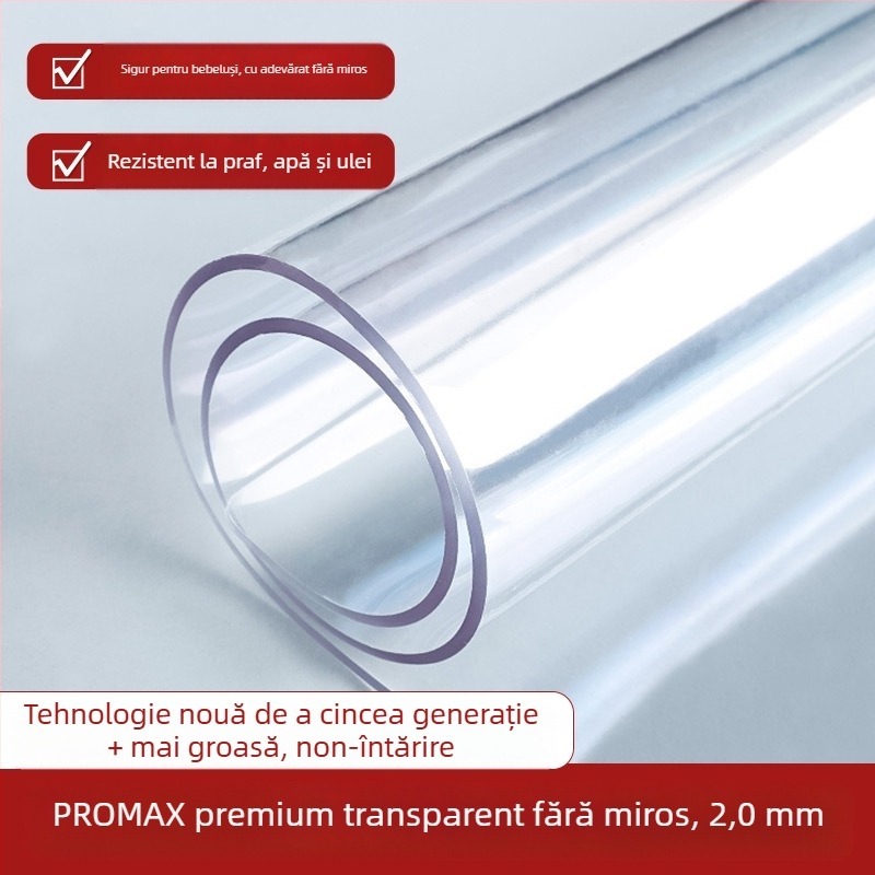 Covoraș dreptunghiular din PVC transparent cu finisaj mat – impermeabil, rezistent la praf și la ulei, la temperaturi înalte și zgârieturi