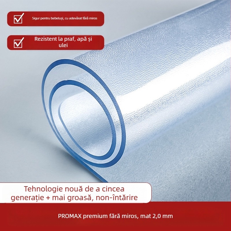Covoraș dreptunghiular din PVC transparent cu finisaj mat – impermeabil, rezistent la praf și la ulei, la temperaturi înalte și zgârieturi