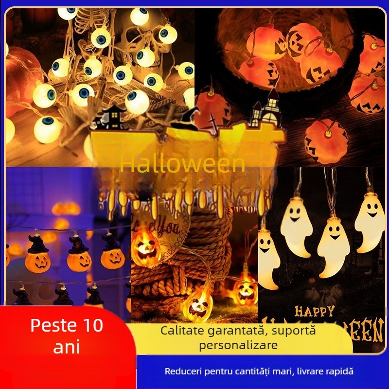 Şir de lumini LED pentru Halloween cu felinar de dovleac, fantomă, craniu și păianjen – lumină decorativă rezistentă la apă, alimentare USB sau baterie