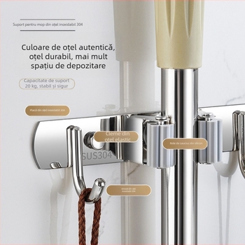 Dărcător mop din oțel inoxidabil 304 și cârlig multi-uz, organizator baie, CE UE certificat, finisaj polizat, Yong Qi, 0,5 kg, Certificat CCI20070040CER