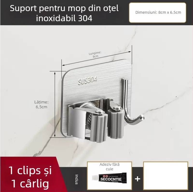 Dărcător mop din oțel inoxidabil 304 și cârlig multi-uz, organizator baie, CE UE certificat, finisaj polizat, Yong Qi, 0,5 kg, Certificat CCI20070040CER