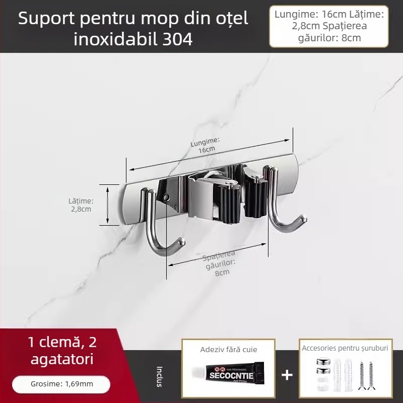Dărcător mop din oțel inoxidabil 304 și cârlig multi-uz, organizator baie, CE UE certificat, finisaj polizat, Yong Qi, 0,5 kg, Certificat CCI20070040CER