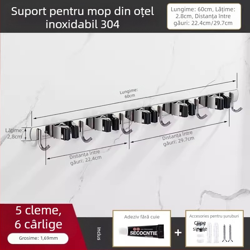 Dărcător mop din oțel inoxidabil 304 și cârlig multi-uz, organizator baie, CE UE certificat, finisaj polizat, Yong Qi, 0,5 kg, Certificat CCI20070040CER