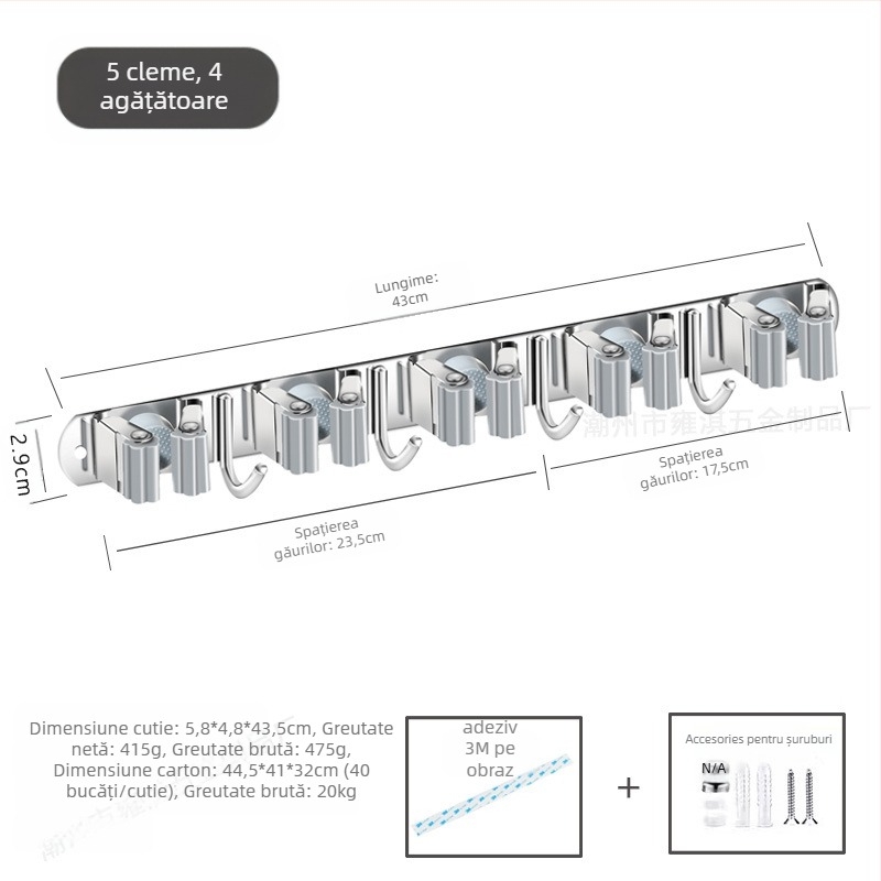 Dărcător mop din oțel inoxidabil 304 și cârlig multi-uz, organizator baie, CE UE certificat, finisaj polizat, Yong Qi, 0,5 kg, Certificat CCI20070040CER