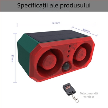 Sistem de Alarmă Solar cu Difuzoare Dual Puternice, Senzor IR și Iluminare Intermitentă pentru Descurajarea Animalelor (Model N911T, alimentare solară, alarmă locală, suportă mai multe dispozitive wireless, temperatură 0-50°C)