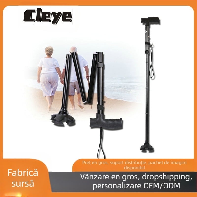 Baston pentru persoane în vârstă, cu patru picioare, antiderapant, din aliaj de aluminiu, pliabil cu telescop, reglabil în înălime în 4 secțiuni, greutate 400 g, marca CLEYE