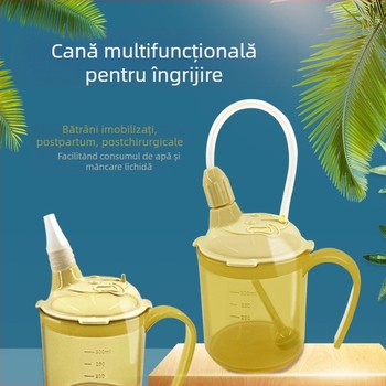 Pahar de băut pentru persoane în pat, cu tub de aspirație, protecție anti-înghițire și scurgeri, cu șnur