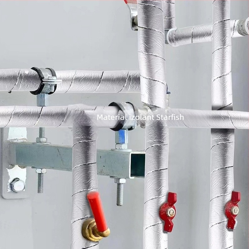 Bandă izolatoare autoadezivă din folie de aluminiu pentru conducte, utilizare în exterior în timpul iernii; substrat: cauciuc butilic; serie: izolație termică, ignifugă și impermeabilă; sistem de adeziv: bază de cauciuc; aplicație: reparații conducte