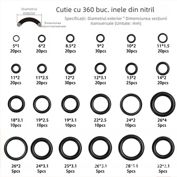 Inel O din cauciuc nitril, rezistență la temperaturi înalte, uzură, presiune ridicată, ozon, pachet de 360 buc.