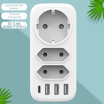 TOURPLUG adaptor de alimentare 1 la 3 cu 3 porturi USB și Type-C, încărcare rapidă, 110–250 V, 10 A