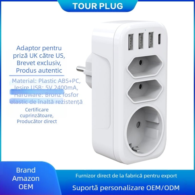 TOURPLUG adaptor de alimentare 1 la 3 cu 3 porturi USB și Type-C, încărcare rapidă, 110–250 V, 10 A