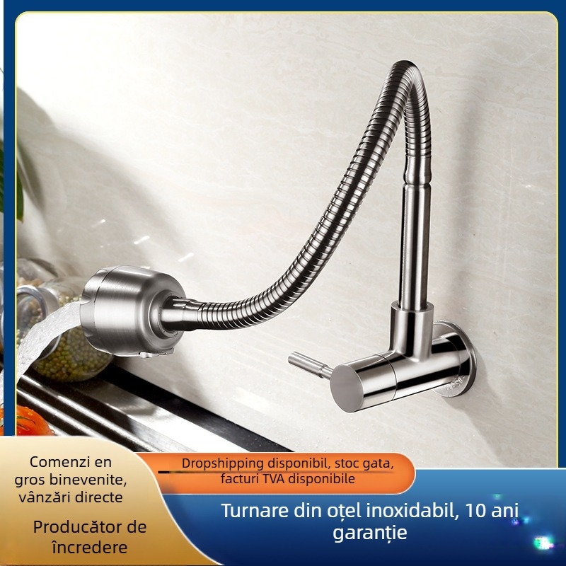 Robinet de bucătărie montat pe perete, rotativ, apă rece, din oțel inoxidabil SUS304, cartuș ceramic, model 85-12, 0,6 MPa