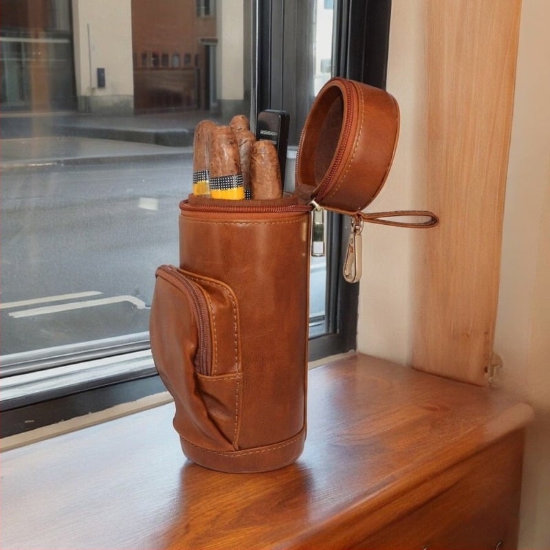 Cutie cilindrică pentru trabucuri din piele naturală cu fermoar, stil vintage, capacitate mare, realizată manual, personalizabilă, husă portabilă de hidratare pentru trabucuri