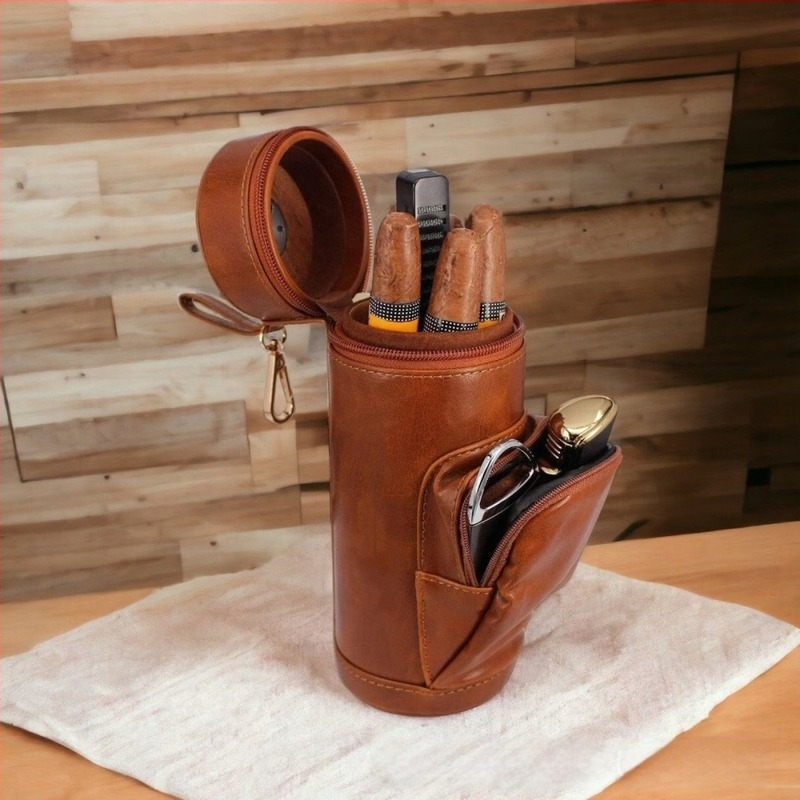 Cutie cilindrică pentru trabucuri din piele naturală cu fermoar, stil vintage, capacitate mare, realizată manual, personalizabilă, husă portabilă de hidratare pentru trabucuri