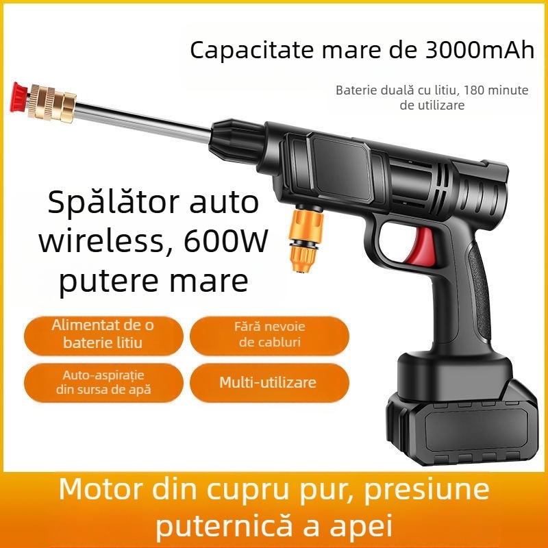 Set pistol apă fără fir pentru spălarea mașinii, pistol de apă portabil electric, cap din cupru, presiune 10 kg, 2 moduri de pulverizare