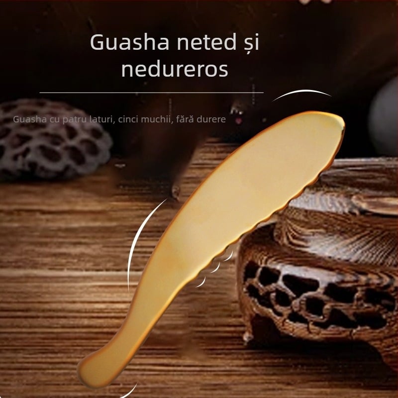 Placă de gua sha din alamă pentru masajul meridianelor – instrument de zgâriere multifuncțional, dimensiuni 19.5 × 3.5 × 0.3 cm