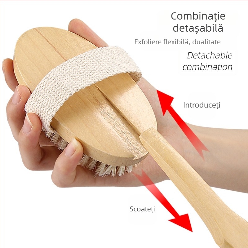 Perie de baie și masaj cu mâner din lemn, peri din amestec lotus cu poliester și bumbac, model detașabil cu dublă funcție, etichetă privată disponibilă