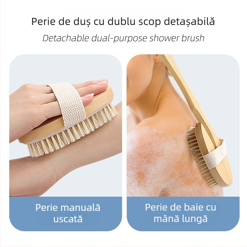 Perie de baie și masaj cu mâner din lemn, peri din amestec lotus cu poliester și bumbac, model detașabil cu dublă funcție, etichetă privată disponibilă