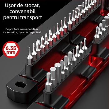 Bandă din aluminiu pentru depozitarea bitilor, cu mâner hexagonal în formă de floare și suport pentru bit