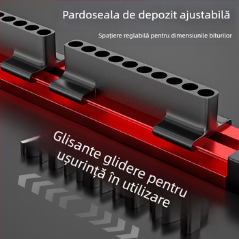 Bandă din aluminiu pentru depozitarea bitilor, cu mâner hexagonal în formă de floare și suport pentru bit
