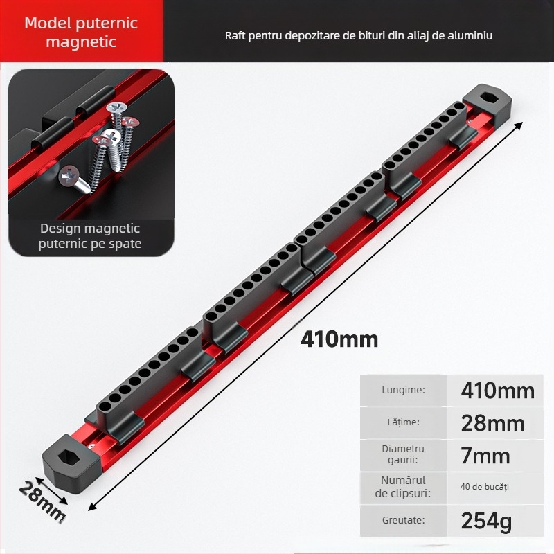 Bandă din aluminiu pentru depozitarea bitilor, cu mâner hexagonal în formă de floare și suport pentru bit