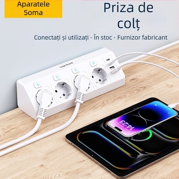 Priză de colț european cu încărcare USB, 4 prize, întrerupător independent, 16A, 250V