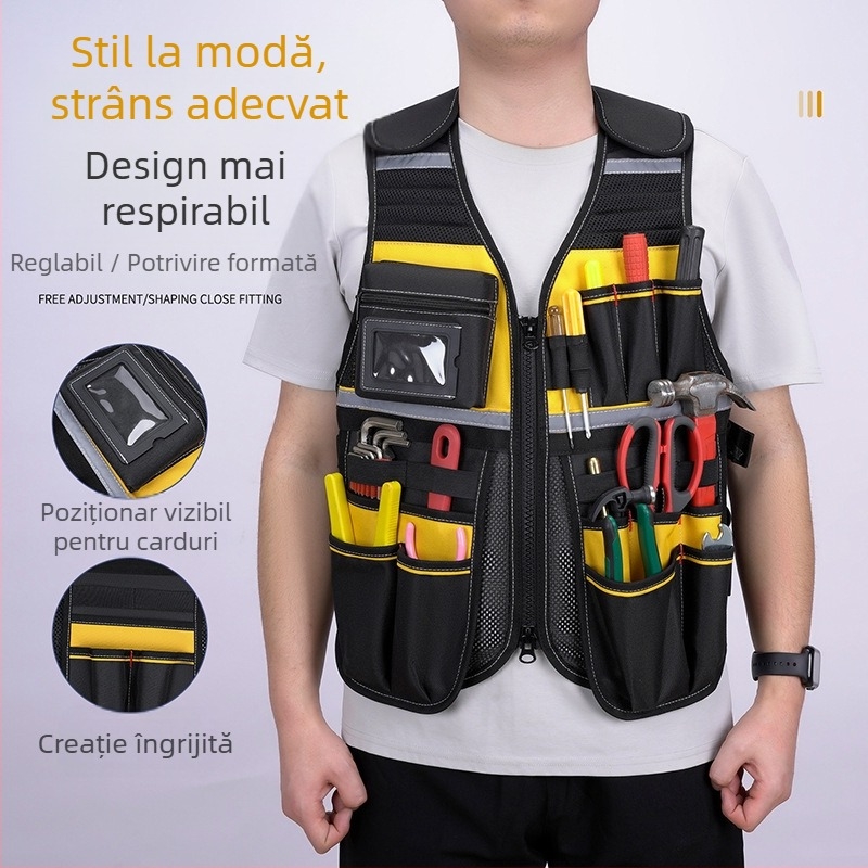 Vesta pentru unelte din Oxford impermeabil, construcție întărită, rezistentă la uzură, buzunare cu acces rapid la unelte