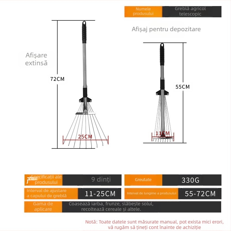 Greblă telescopică pentru grădină, model 01, brand Prepared, utilizare universală