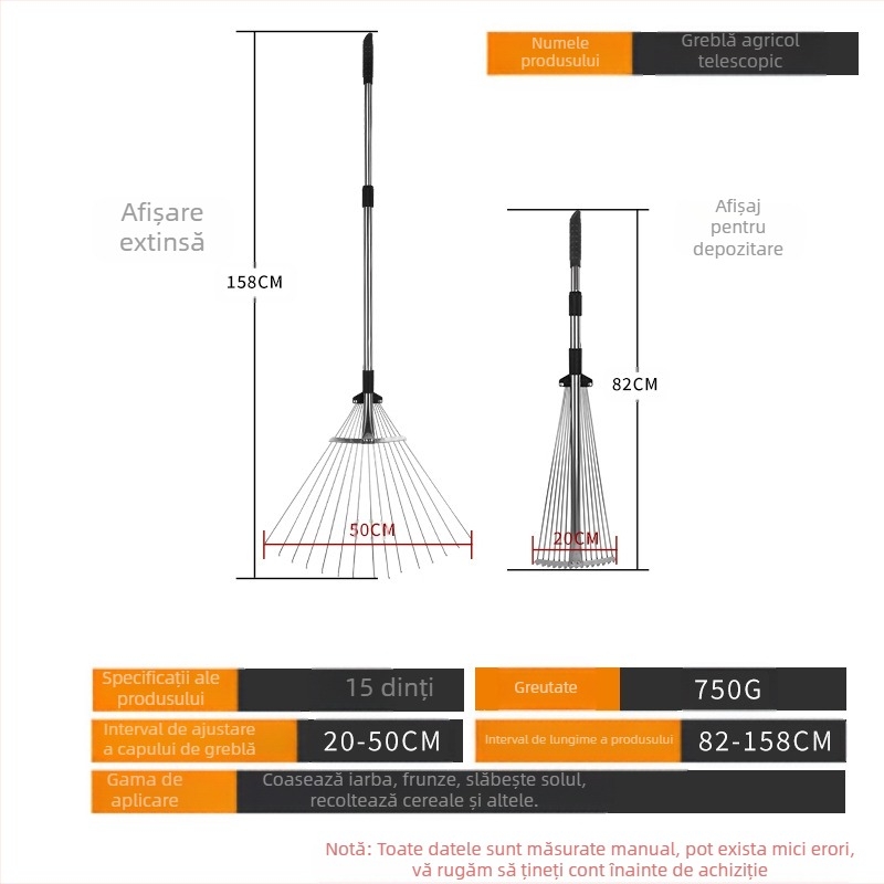 Greblă telescopică pentru grădină, model 01, brand Prepared, utilizare universală