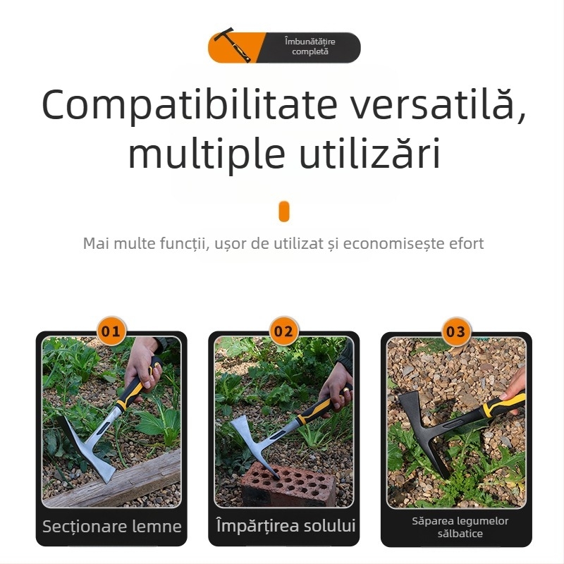 Topor multifuncțional cu design dintr-o singură piesă — lamă vârfată și plată, funcție ciocan pentru utilizare în grădină și fermă