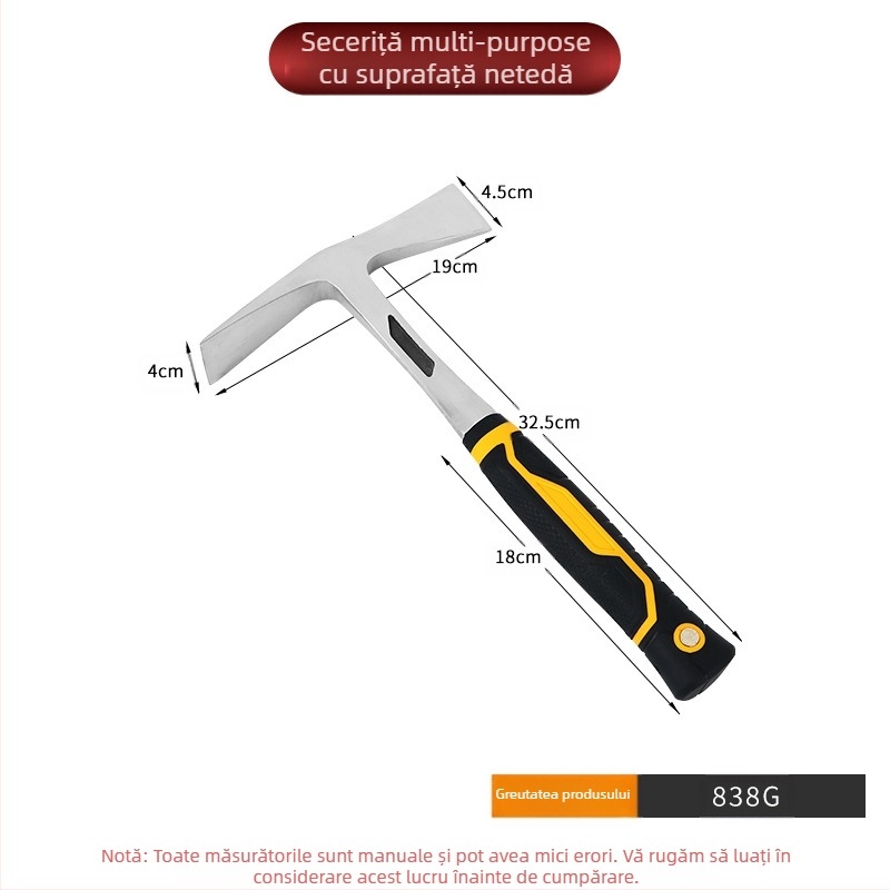 Topor multifuncțional cu design dintr-o singură piesă — lamă vârfată și plată, funcție ciocan pentru utilizare în grădină și fermă