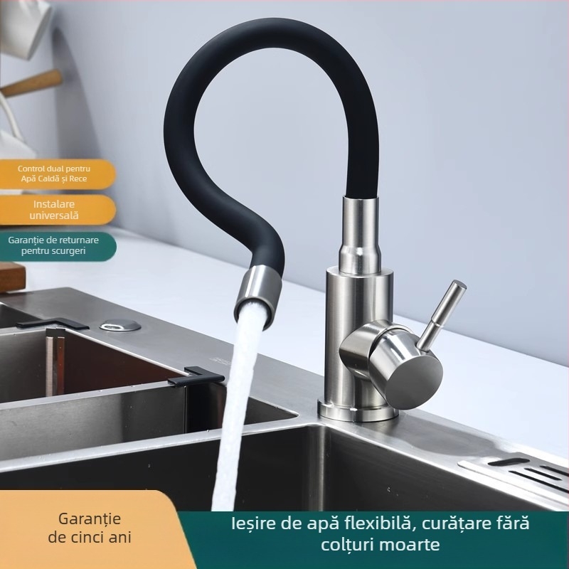 Robinet de bucătărie din oțel inoxidabil, finisaj periat, apă caldă și rece, supapă cu disc ceramic, acționare prin ridicare