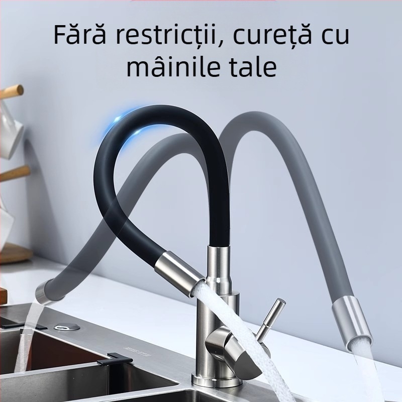 Robinet de bucătărie din oțel inoxidabil, finisaj periat, apă caldă și rece, supapă cu disc ceramic, acționare prin ridicare