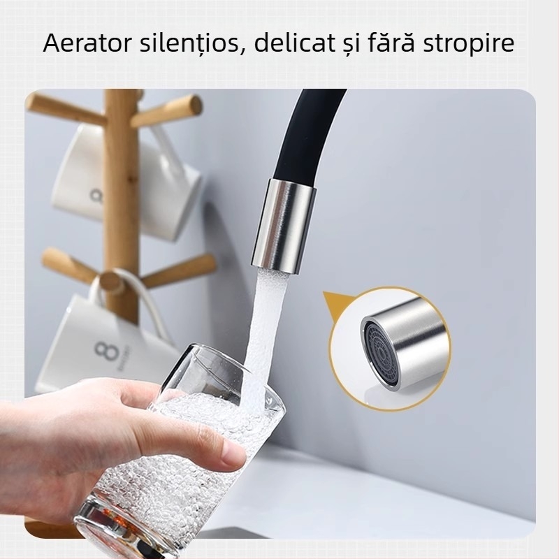 Robinet de bucătărie din oțel inoxidabil, finisaj periat, apă caldă și rece, supapă cu disc ceramic, acționare prin ridicare