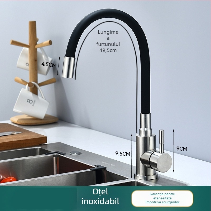 Robinet de bucătărie din oțel inoxidabil, finisaj periat, apă caldă și rece, supapă cu disc ceramic, acționare prin ridicare