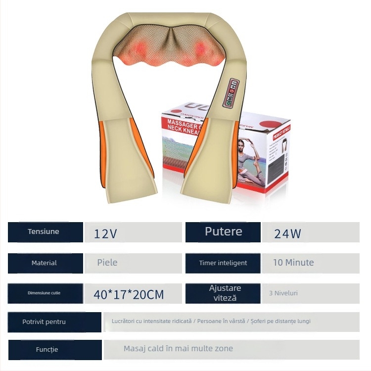 Masaj pentru gât, umeri și spate, 8 capete, compresie caldă, alimentare AC, model HF-P07, temporizator, 3 trepte