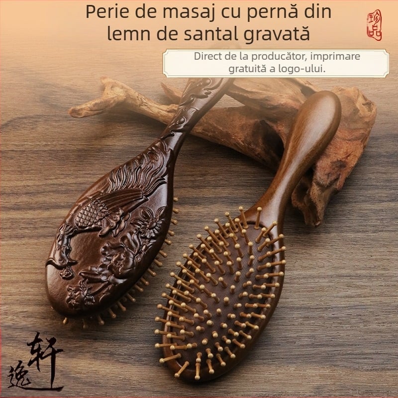 Perie ovală din lemn de santal, sculptură Phoenix, masaj cu pernă de aer pentru meridianele scalpului, Yixuan, Jinhua